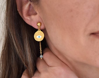Pendientes de ojo malvado, pendientes colgantes de ojo malvado con cadena de oro, pendientes delanteros y traseros con medallón de ojo malvado, pendientes con dije de moneda chapados en oro de 24 quilates.