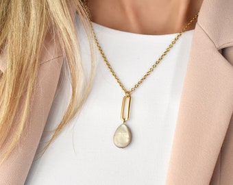 Teardrop Mother of Pearl Necklace, Pink Mother of Pearl Pendant, Gray Shell Necklace, Gold Dainty Minimalist Stacking Necklace, Gift for Her
