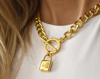 Gold Padlock Necklace, Chunky Chain Lock Necklace, Curb Chain with Lock Pendant, Short Statement Necklace, Chain Choker for Women