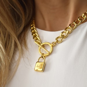 Gold Padlock Necklace, Chunky Chain Lock Necklace, Curb Chain with Lock Pendant, Short Statement Necklace, Chain Choker for Women