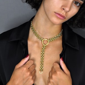 Gold Chunky Chain Choker, Gold Lariat Necklace, Bold Heavy Multi Link Thick Chain Y Necklace, Woven Links Chain O Ring Statement Necklace