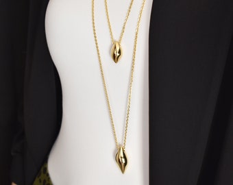 Gold Long Abstract Shape Pebble Pendant, Organic Shape Necklace, Minimalist Jewelry, Long Chain Necklace Set, Modern Long Layering Necklace