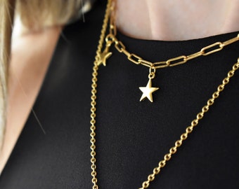 Gold Paperclip Chain Necklace, Star Charm Necklace, Gold Plated Star Choker, Dainty Layering Necklace, Everyday Simple Minimalist Necklace