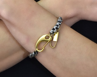 Carabiner Clasp Bracelet, Chunky Massive Gunmetal Chain Bracelet, Edgy Dark Silver Chain Rock Style Bracelet, Oversized Thick Chain Cuff
