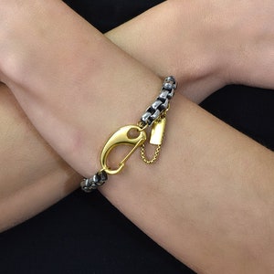 Carabiner Clasp Bracelet, Chunky Massive Gunmetal Chain Bracelet, Edgy Dark Silver Chain Rock Style Bracelet, Oversized Thick Chain Cuff