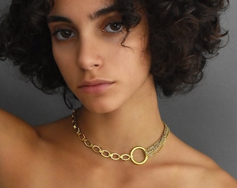 Gold Chain Necklace, Chunky Chain Choker, Multi Chain O Ring Hoop Collar, Chunky Link Chain Necklace, Multi Strand Stainless Steel Choker