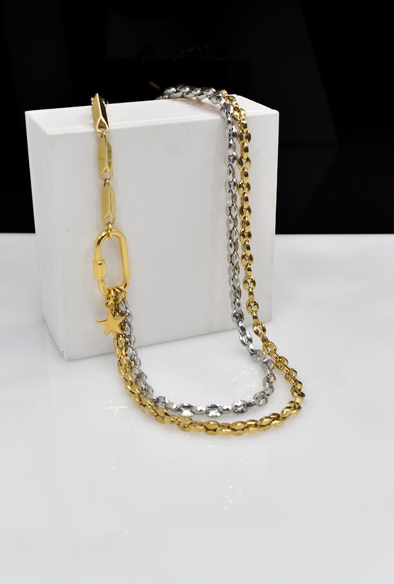 Ras de cou chaîne en argent et or, collier court double rang en mélange de  métaux avec breloque étoile, collier mousqueton de style rock audacieux