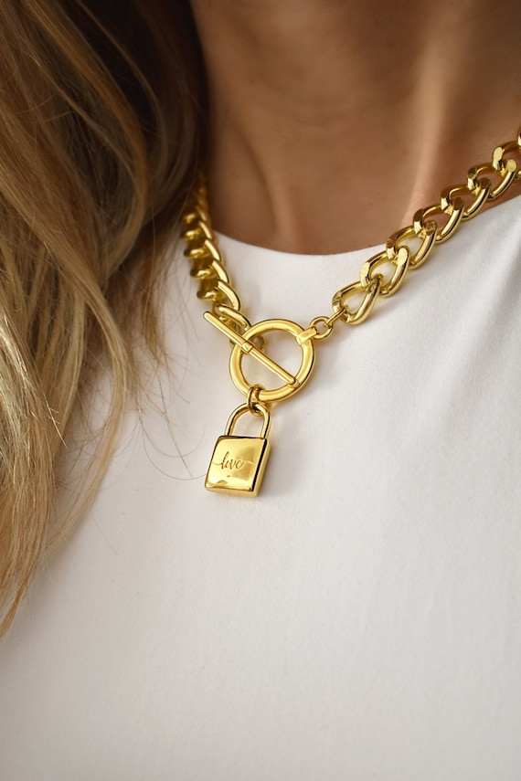 Gold Padlock Necklace, Chunky Chain Lock Necklace, Curb Chain With