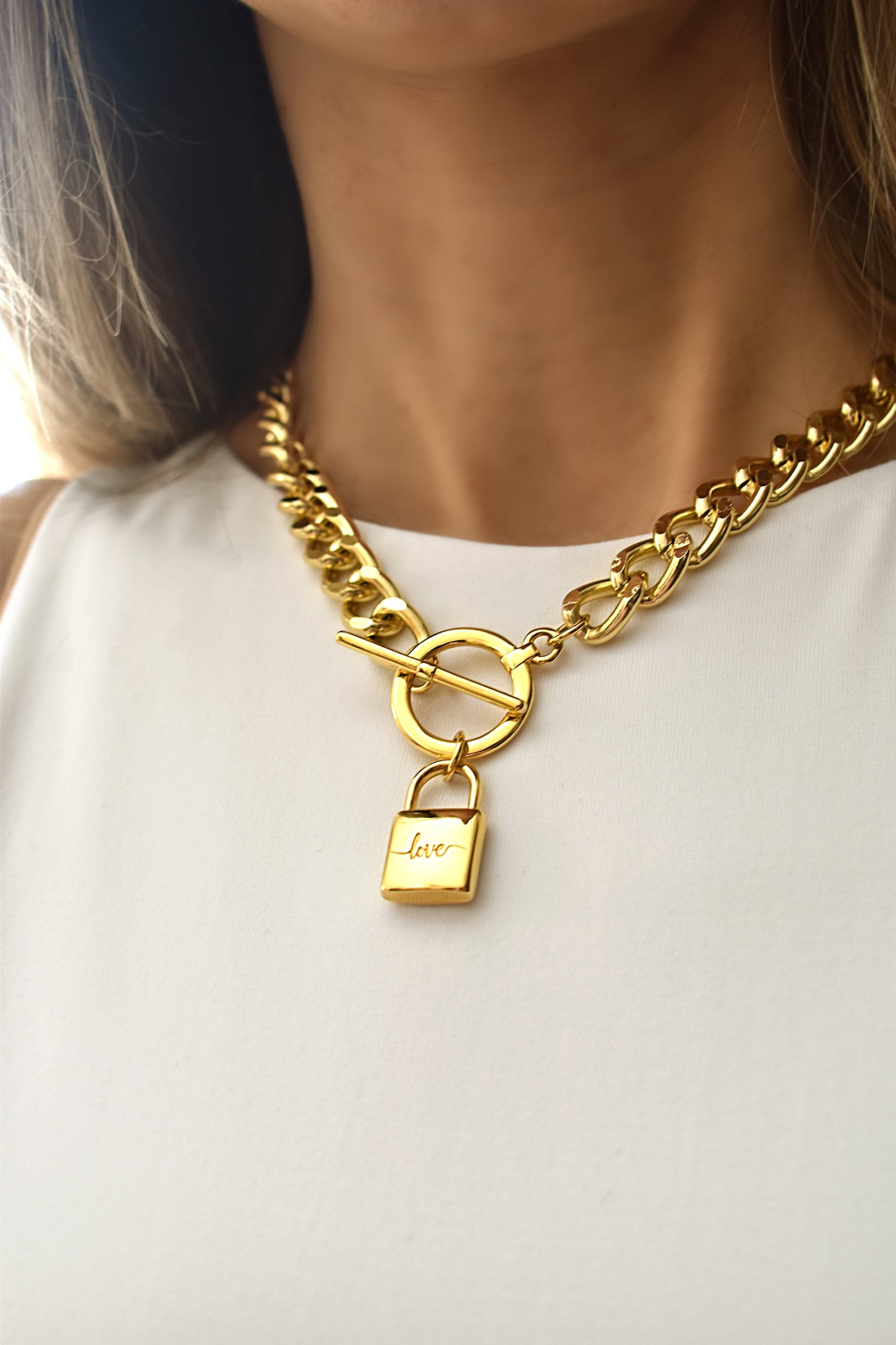 Gold Padlock Necklace, Chunky Chain Lock Necklace, Curb Chain With Lock ...