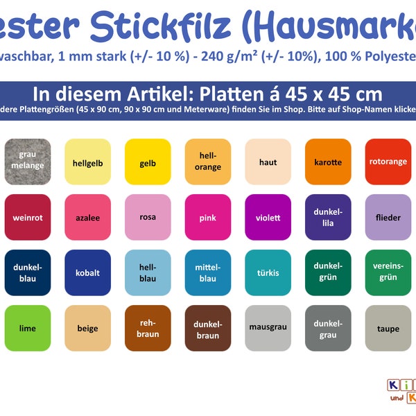 14,53 Euro/m2, fester Stickfilz 1mm Platten 45x45 cm, waschbar, formbeständig, glatt, Emblemfilz, Kunstfilz, 100 % Polyester