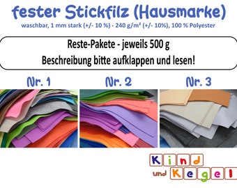 Reste-Pakete fester Stickfilz 1mm 500 g, verschiedene Pakete, waschbar, formbeständig, glatt, Emblemfilz, Kunstfilz, 100 % Polyester