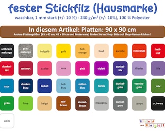 12,96 Euro/m2, fester Stickfilz 1mm Platten 90x90 cm, waschbar, formbeständig, glatt, Emblemfilz, Kunstfilz, 100 % Polyester