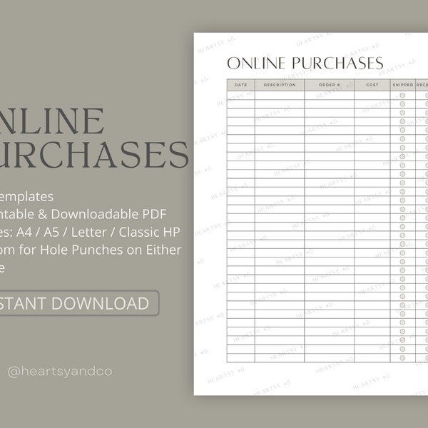 Online Purchase Tracker Printable, Order Tracker, Online Shopping Organizer, Shopping Budget, Online Spending Log | Letter/A4/A5/Classic HP