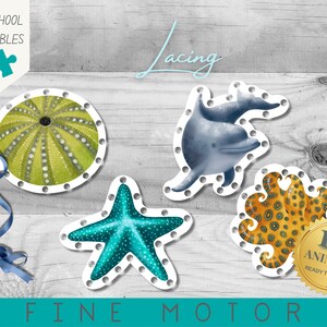 Sea Ocean Animals Lacing Card Activity | Preschool & Homeschool | Montessori | Fine Motor and Hand Eye Coordination Practice | Watercolour