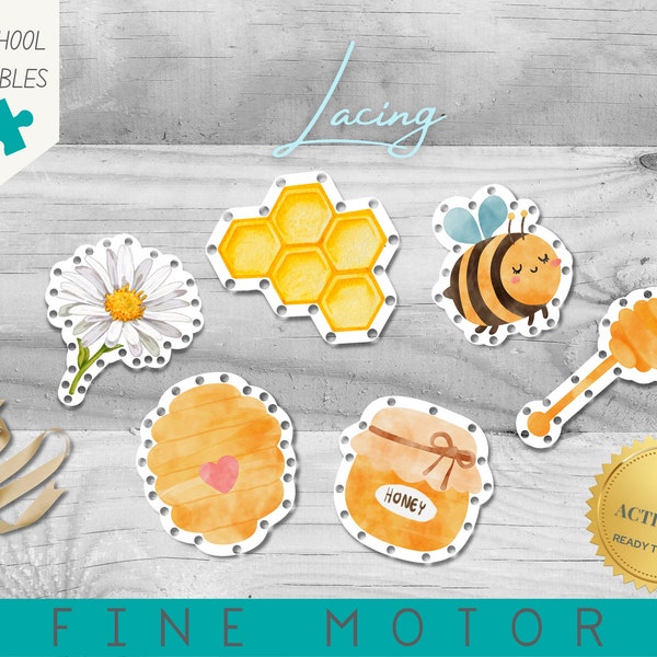 Honey Bee Lacing Card Activity | Preschool & Homeschool | Montessori | Fine Motor and Hand Eye Coordination Practice | Watercolour