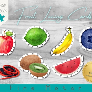Activité de carte de laçage des fruits | Préscolaire et École à la maison | Montessori | Pratique de la motricité fine et de la coordination œil-main | Aquarelle