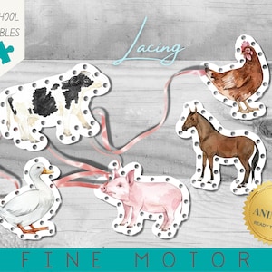 Activité de cartes de laçage des animaux de la ferme | Apprentissage préscolaire et à la maison | Montessori | Pratique de la motricité fine et de la coordination œil-main | Aquarelle