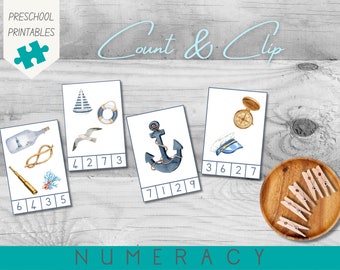 Count & Clip Numeracy Activity | Nautical | 0-10 | 11 cards | PDF Printable