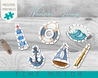 Nautical Lacing Card Activity | Preschool & Homeschool | Montessori | Fine Motor and Hand Eye Coordination Practice | Watercolour