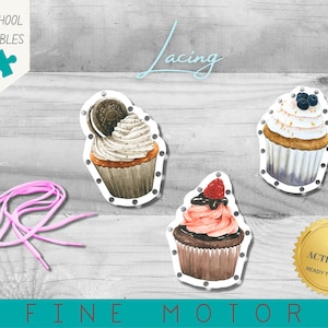 Cupcake Lacing Card Activity | Preschool & Homeschool | Montessori | Fine Motor and Hand Eye Coordination Practice | Watercolour