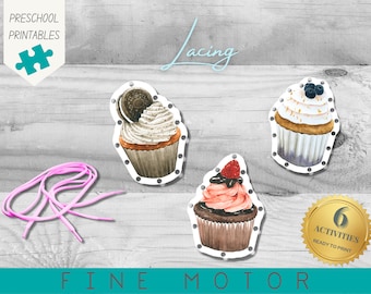 Cupcake Lacing Card Activity | Preschool & Homeschool | Montessori | Fine Motor and Hand Eye Coordination Practice | Watercolour