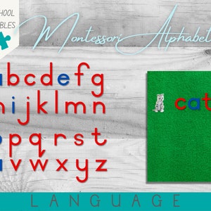 May include: A printable Montessori alphabet chart with red and blue letters on a white wood background. The word "cat" is spelled out with red and blue letters on a green background with a small white cat illustration.
