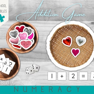 Preschool Addition Game Activity | Homeschool Maths | Concrete Maths Skills | Addition 1-20 | Learning to Count | PDF Download | Valentine&#39;s