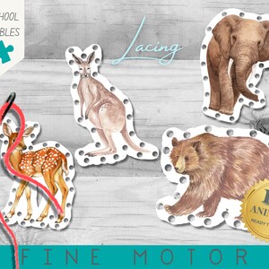 Wild Animals Laceing Card Activity | Vorschule & Heimschule | Montessori | Feinmotorik und Hand-Augen-Koordination | Aquarell