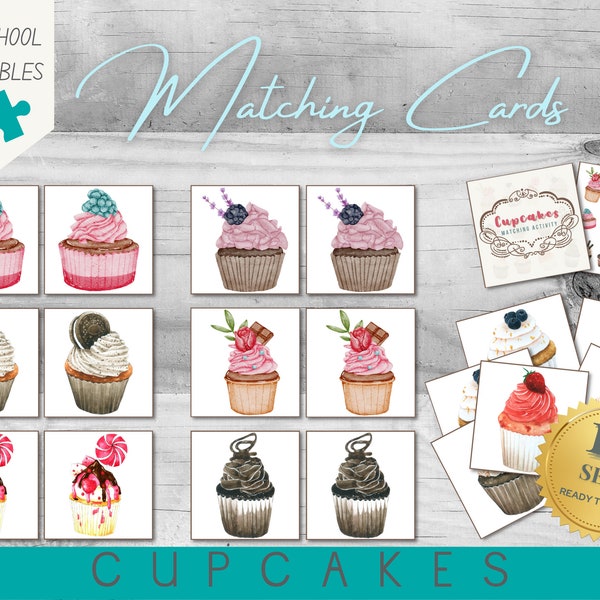 Cupcake Matching | Preschool Activity | 12 Sets | 24 Cards | Watercolour | A4 PDF Printable