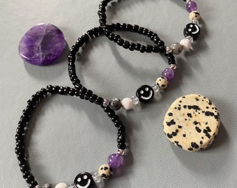 Healing crystal black beaded anxiety bracelet - smiley face - amethyst, howlite, clear quartz - helps anxiety and stress - indie style