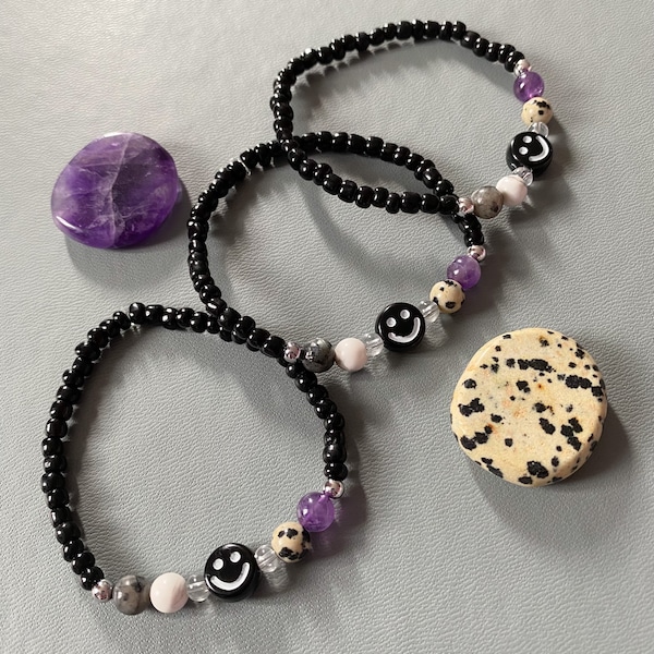 Healing crystal black beaded anxiety bracelet - smiley face - amethyst, howlite, clear quartz - helps anxiety and stress - indie style