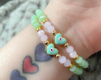 Mint green and pink crystal beaded evil eye bracelet with gold heart shaped evil eye - protection bracelet - gifts for her