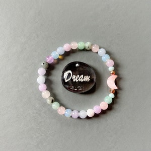 Healing crystal mixed gemstone beaded bracelet with pearl pink moon feature - pastel calming gemstones - angelite, opalite, aquamarine