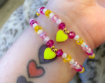 Crystal charm bracelet with neon yellow and gold heart charm - pink and yellow sparkly beads - cute indie jewellery