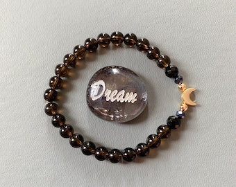 Healing crystal smoky quartz and black onyx beaded bracelet with gold moon feature - helps fears and anxiety