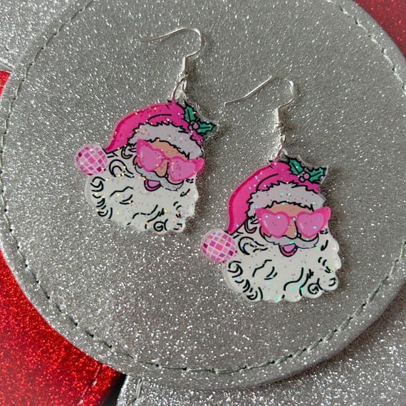 Pink Santa earrings - glitter disco dangly earrings - cool Santa - statement novelty earrings - stocking fillers - fun festive jewellery