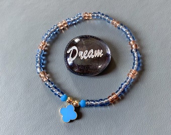 Blue and gold beaded charm bracelet with gold plated clover charm - stacking bracelets - friendship bracelets - miyuki beads