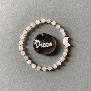 Healing crystal moonstone beaded bracelet with pearl moon feature - calms and soothes emotions - stone of new beginnings