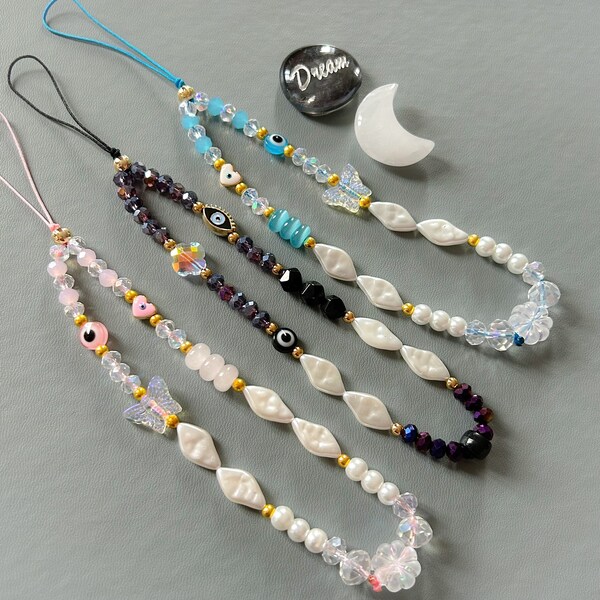 Healing crystal beaded phone charms - phone lanyard - rose quartz, obsidian, cats eye - pearls - phone chains - cute phone charms