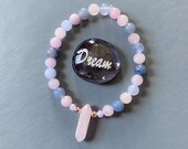 Healing crystal mixed gemstone beaded bracelet - kunzite, aquamarine, blue aventurine - with rose quartz point feature