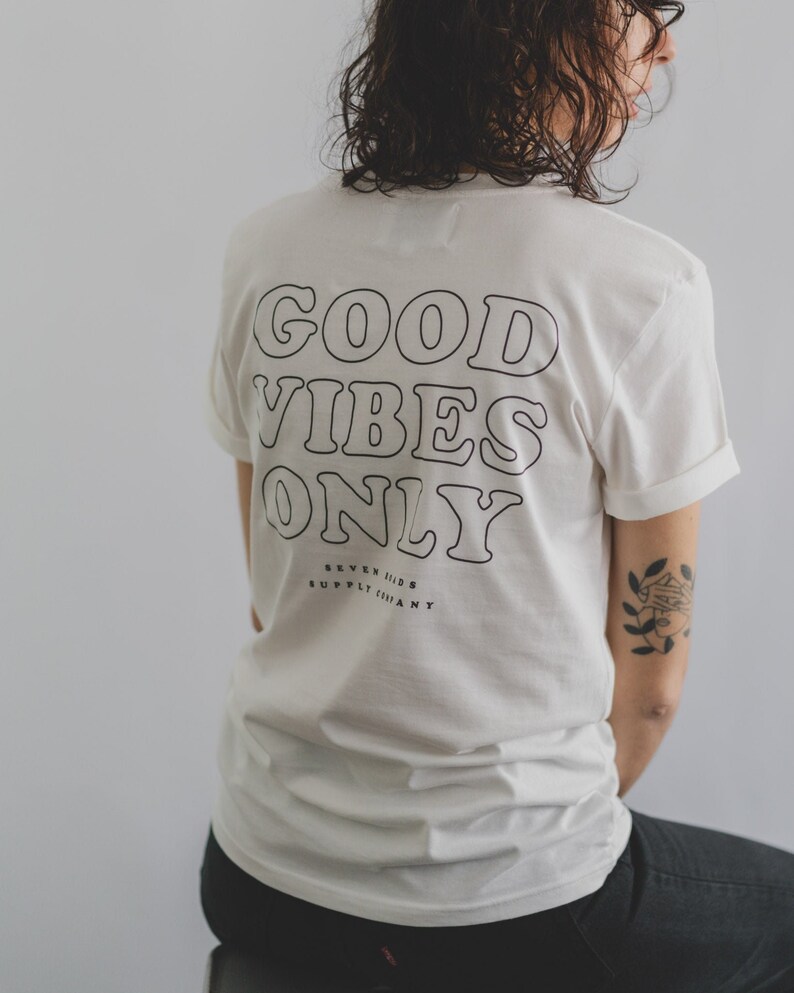 Men's women's t-shirt. Good Vibes Only. Organic cotton. French brand. Adventure, van-life, roadtrip, motorcycle, nomad, lifestyle. Gift idea image 1