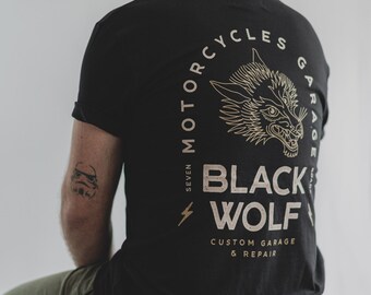 BLACK WOLF • Organic cotton t-shirt wolf tattoo nomad mechanical adventure garage auto motorcycle screen printing lifestyle gift idea for men and women unisex