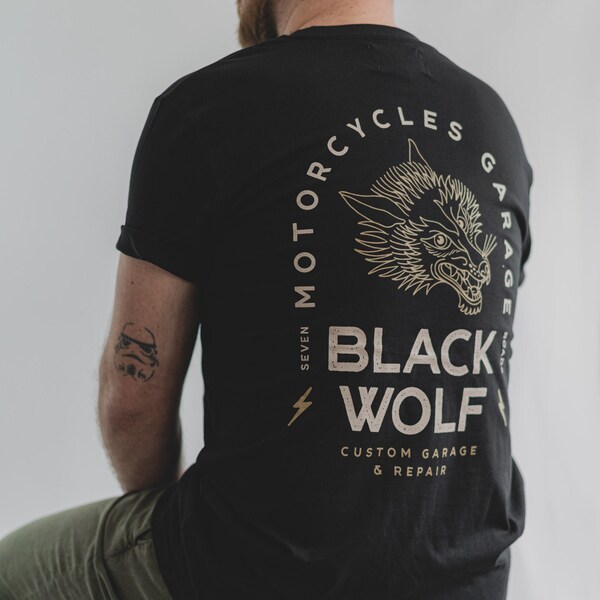 BLACK WOLF • Tshirt coton bio loup tattoo nomade aventure mécanique garage auto moto serigraphie lifestyle idee cadeau homme femme unisexe