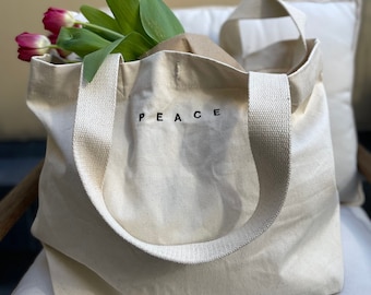 Shopper "PEACE" / versión Me (adultos) / bolso shopping grande / bolso bordado PEACE / shopper sostenible con asas largas