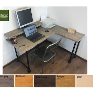 Rustic Corner Desk with Monitor Shelf & black Pipe Legs -Left or right-Handed Style-5 Colours-Customisable Sizes, Industrial L shape desk