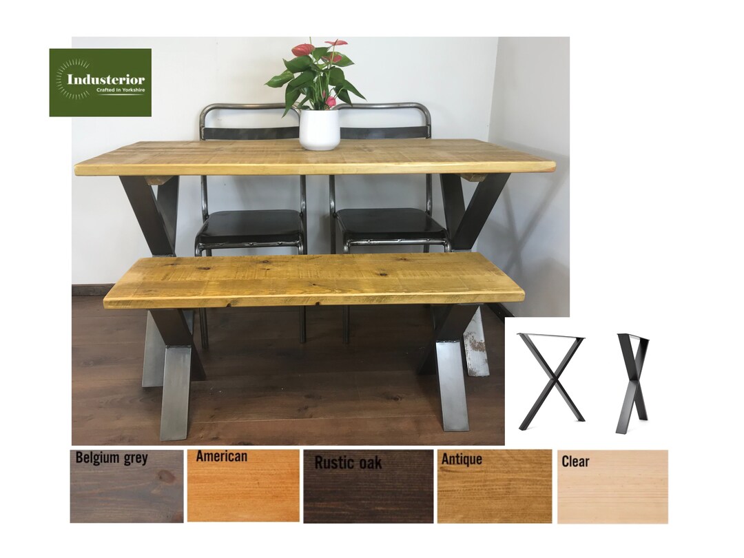 Dining Table With Optional Bench, X Frame Legs in 2 Finishes, Handmade