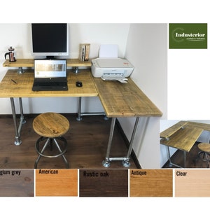 Rustic Industrial Corner Desk with Monitor Shelf and Silver Legs - Left or right Handed Style - 5 Colours