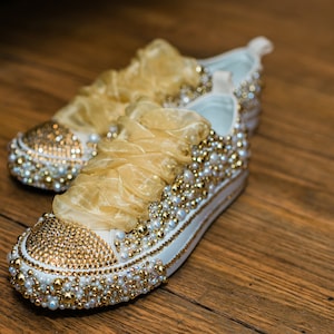 Custom Pearl & Rhinestone Low Top Converse Sneakers with Front Toe Heel Embellishment - Adult’s and Children’s Size’s