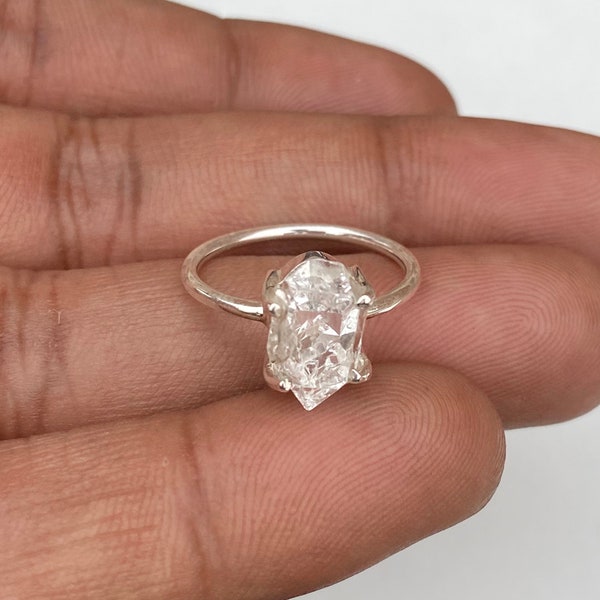 Genuine Raw Herkimer Diamond Ring, 925 Sterling Silver Ring, Rough Herkimer Diamond Crystal Ring, Uncut Gemstone Promise Ring, Gift for her