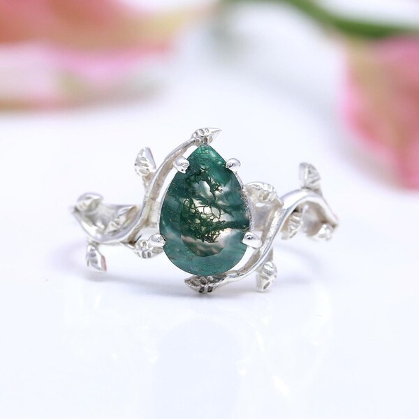 Pear cut moss agate ring 925 sterling silver ring moss agate engagement ring branches leaf twig nature inspired ring anniversary gift